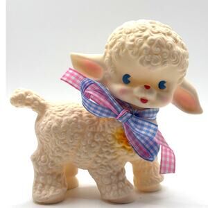 Retro-Style Rubber Squeaky Lamb Toy, Rubber - White with Bows